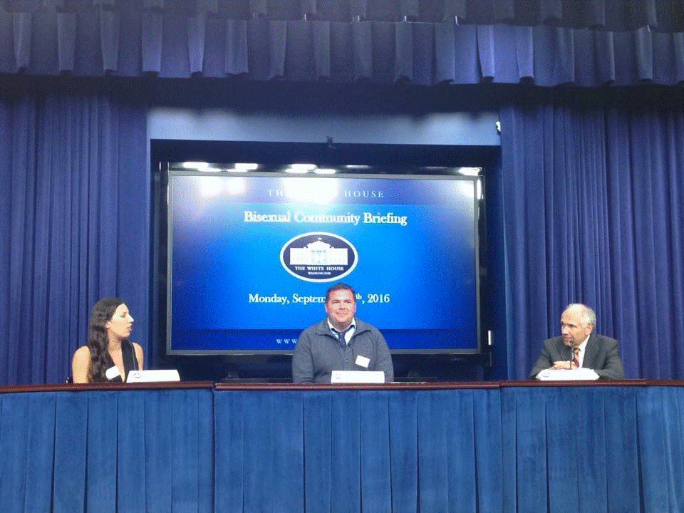 Photo of Angela Dellara (Freedom for All Americans), Dr. Brian Dodge (Indiana University), and David A. Dodge (attorney at law).
